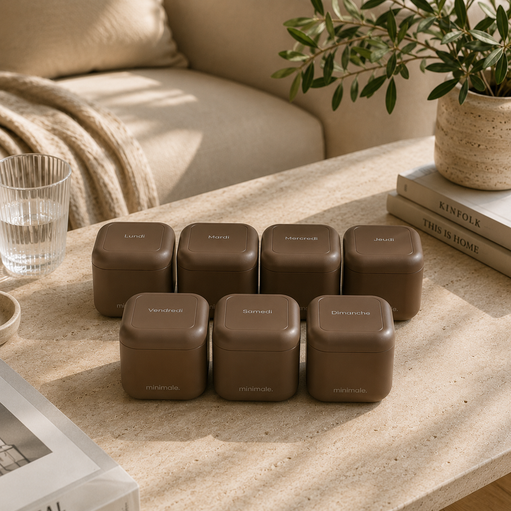 Minimale. Le Semainier, pilulier hebdomadaire 7 cases aimantées, coloris Chocolat